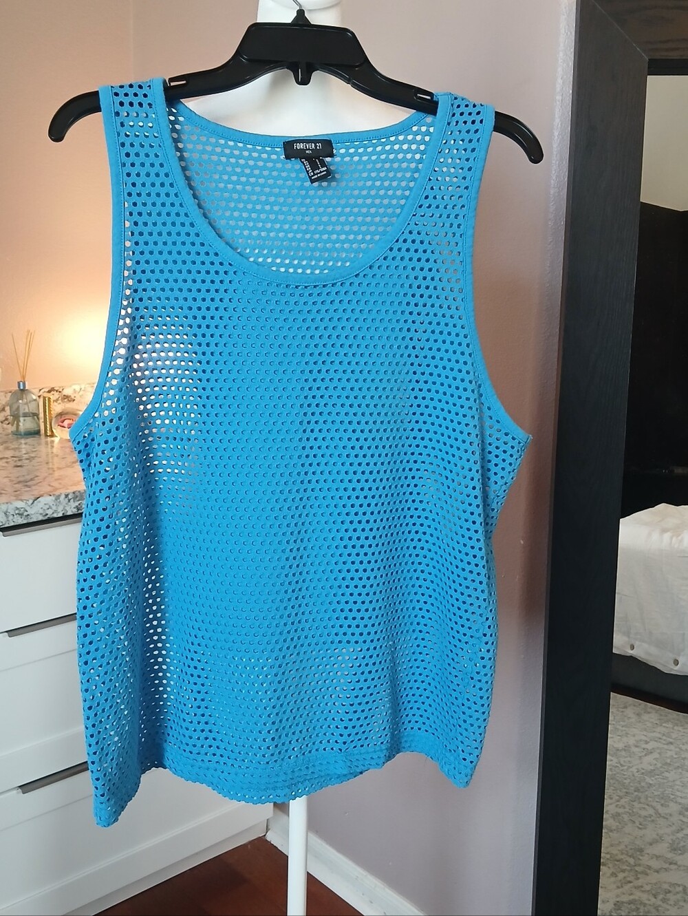 Forever 21 Mens Blue Tank Top Muscle Shirt Sz L Mesh Semi Sheer